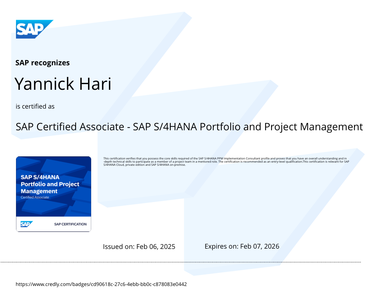 SAP S/4HANA Portfolio and Project Management certificate