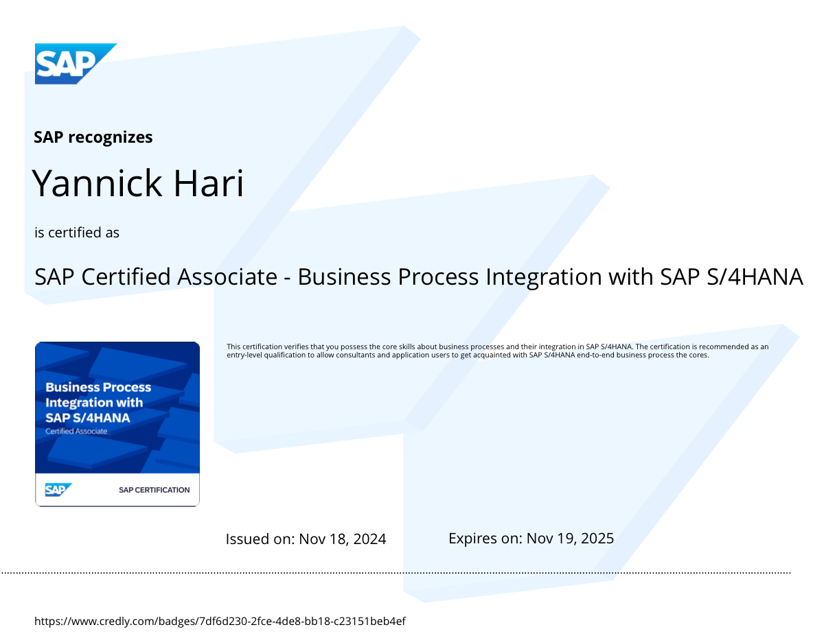 Business Process Integration with SAP S/4HANA certificate
